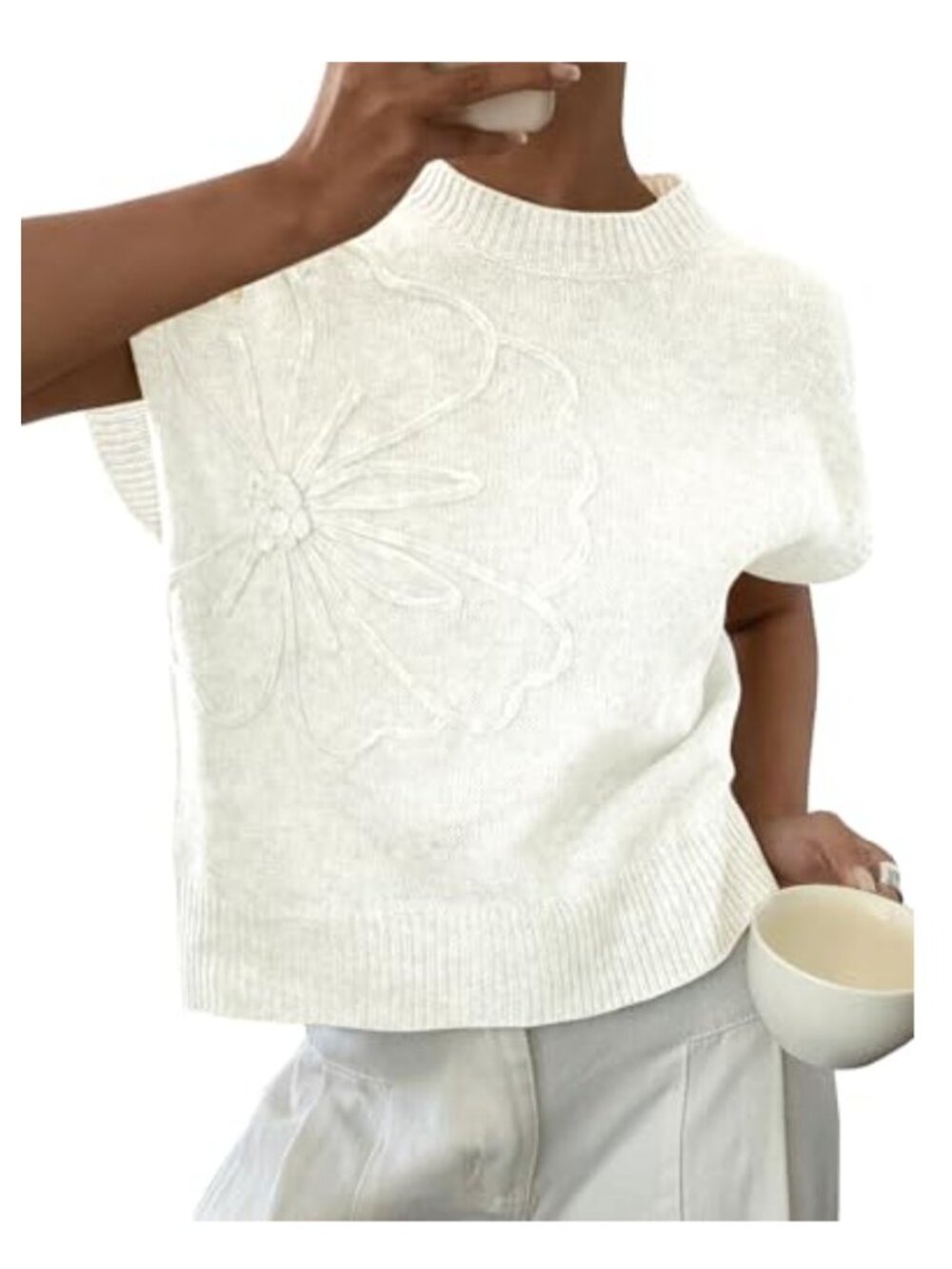 Women's Sleeveless Sweater Vest Loose Fit Ribbed Knit Pullover Floral Top Summer